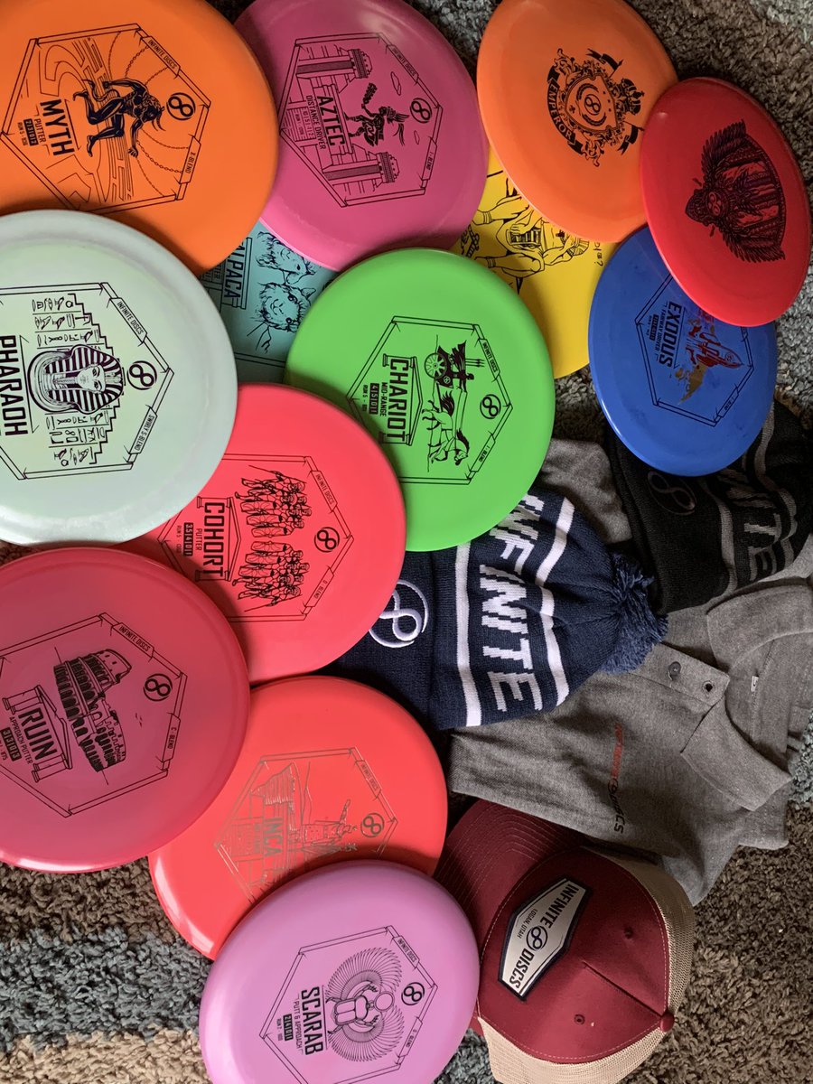 _JT_the_TD's tweet photo. My first shipment of @InfiniteDiscs just arrived! 13 discs, hats, and a shirt. In the next few days I have 10 more Infinite Discs that will arrive! #infinitediscs #endlesspossibilities #questfor1000rated #allin https://t.co/Q8SNBofQbp
