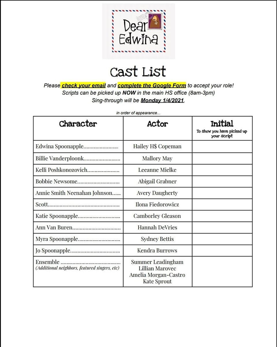 SHDramaticArts's tweet photo. Congrats to the cast of "Dear Edwina"!  Please check your school email to accept your role.  Roles left unaccepted by midnight on Friday 12/18 will be recast.

Scripts are now available in the High School office from 8am-3pm.  Please pick yours up ASAP!  See you January 4th! https://t.co/zAUPg6DyHZ