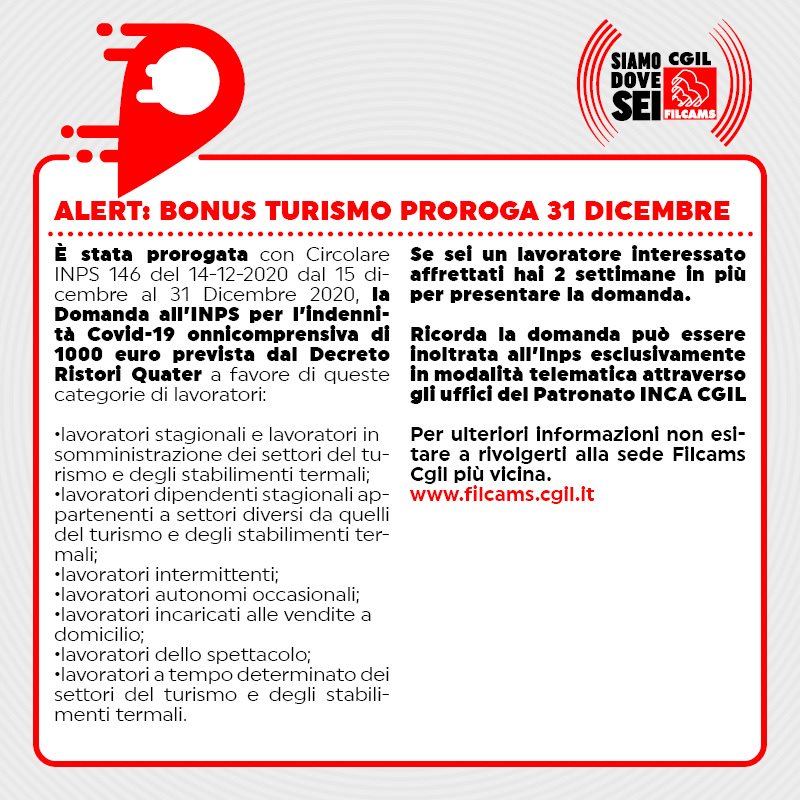 FilcamsSicilia's tweet photo. #GuideFilcams.Prorogata al #31Dicembre 2020 la #domanda all’#INPS per l’#indennità #Covid19 onnicomprensiva di #1000euro prevista per gli #stagionali del #Turismo e altre categorie dal #RistoriQuater.Per info e assistenza rivolgiti alla #FilcamsCgil a te più vicina.
#SiamoDoveSei https://t.co/tg2eVjAnGU
