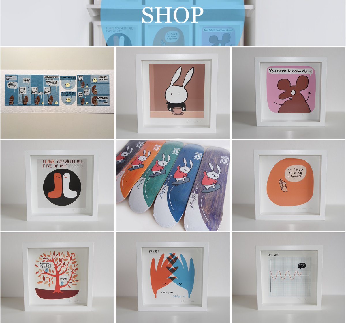 Lovely prints and Fluffy skateboard decks from south-London-based  @simoneliadraws (who draws the weekly comic in the Observer):  https://simonelia.com/shop&nbsp;  #SupportArtists