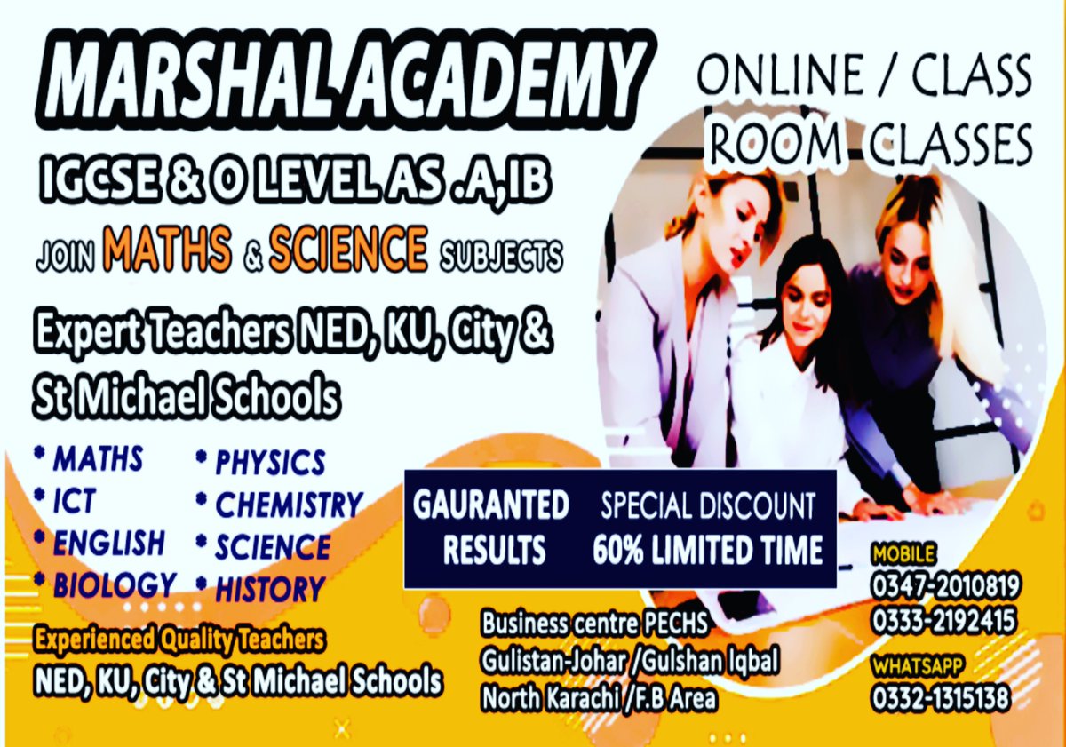 MarshalAcademy's tweet photo. We are offering Online classes(Individually) for O levels and all Subjects.Our tutors are from O/Alevel Background only.

#21stCenturyEducatiom #education #karachiboard #federaleducation #educationinkarachi #onlineexam #onlinestudy  #studyathome📖 https://t.co/pv02lDPzVv