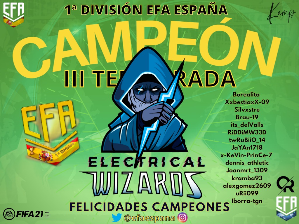ALIRÓN EN 1° DIVISIÓN de la  III TEMPORADA <a href="/EfaEspana/">🇪🇸EFA ESPAÑA🇪🇸</a>
 <a href="/ElectricalWzds/">Electrical Wizards</a>
FELICIDADES CAMPEONES!!!!
<a href="/MrBoreal/">Borealito</a>
<a href="/MarcSilvxstre/">Ṩɪʟᴠxsᴛʀᴇ ☼</a>
<a href="/BrauPV/">Braulio</a>
@its_delvalls
<a href="/JRiDDiM14/">Javi AC</a>
@XxbestiaxX_09
<a href="/RuBiio_14/">14</a>
<a href="/JaimekshH/">JaYAn1718</a>
<a href="/Samu_Canarion/">SȺmᵾɇł ǤȺɍȼíȺ 🇮🇨🐬</a>
<a href="/dennis_fifa/">Dennis</a>
@JoanMrt1309
@kramba
@AlexLaTanqueta
@uRii099
@iborraPRO