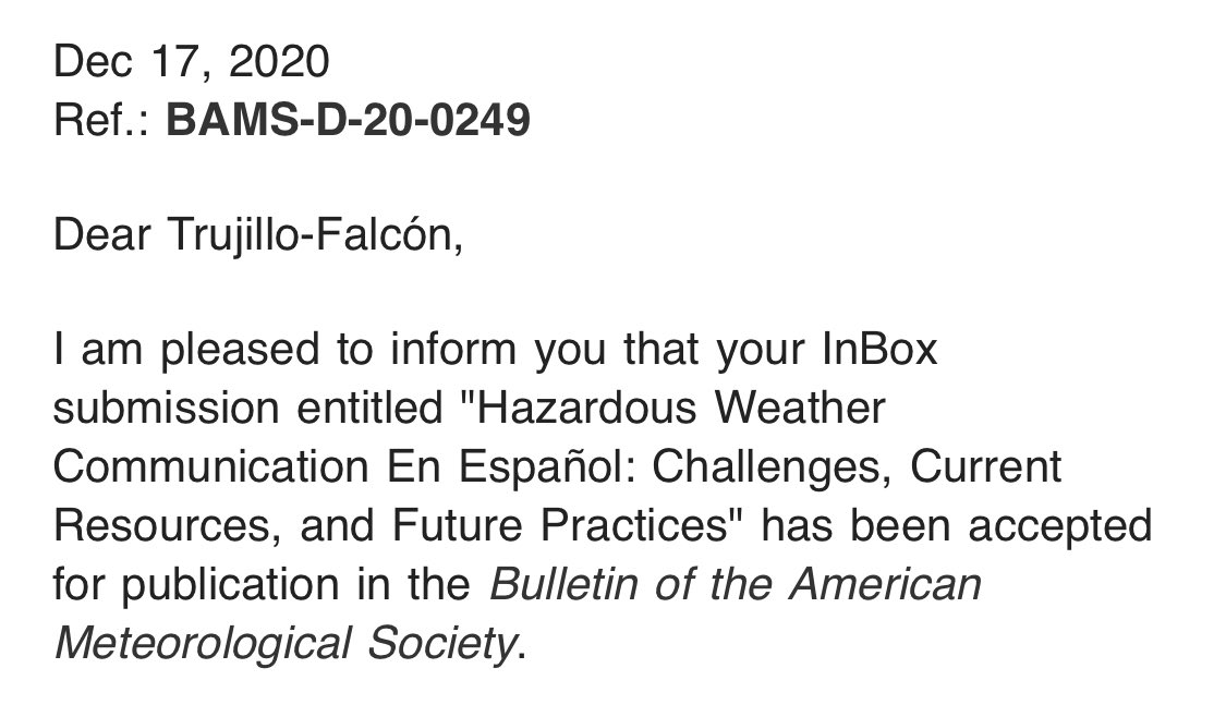LatinWx's tweet image. What a surreal moment! Spanish #riskcomm will be discussed in a top academic journal. Let this be the first of many actions that benefit such a beautiful comunidad. When it becomes available online, I’ll post a link 😊

(Also, omg this my 1st peer-reviewed publication 🎉)