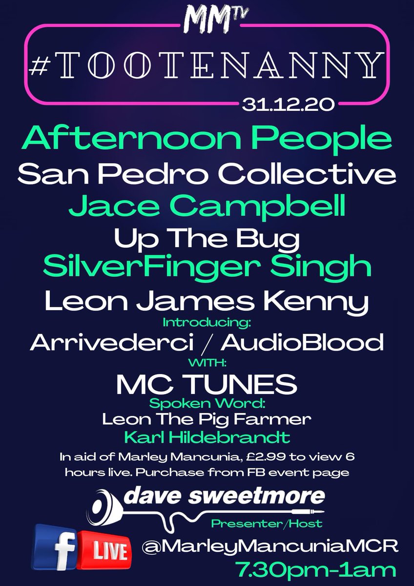 NYE #Tootenanny spectacular 
🎉🎉🎉

Expect Jools Hollands meets Manchester!
live music, live chat, interaction, top music, banter, you lot and us lot for 6 hours on NYE!

For one night only, this event is available, live, uninterrupted for just £2.99

🎫fb.me/e/1lPtwUTs5