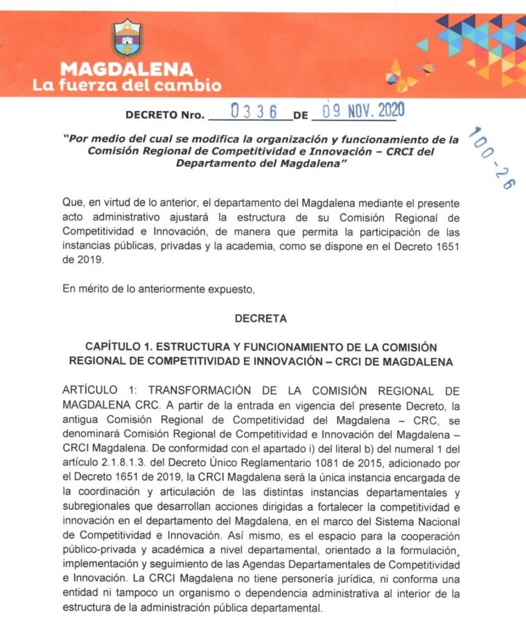 CRCImagdalena's tweet photo. #EsNoticia | La Gobernación Departamental firmó decreto que  formaliza el funcionamiento de la  @CRCImagdalena y la ratifica como la instancia encargada de la articulación de procesos para el desarrollo de la competitividad en el Departamento. 
Léalo en: https://t.co/8s9RSWiLkM https://t.co/359nYLmJWk