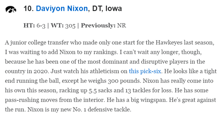 Iowa DT Daviyon Nixon has been one of the most disruptive players in the country this season. es.pn/3mu9ulo