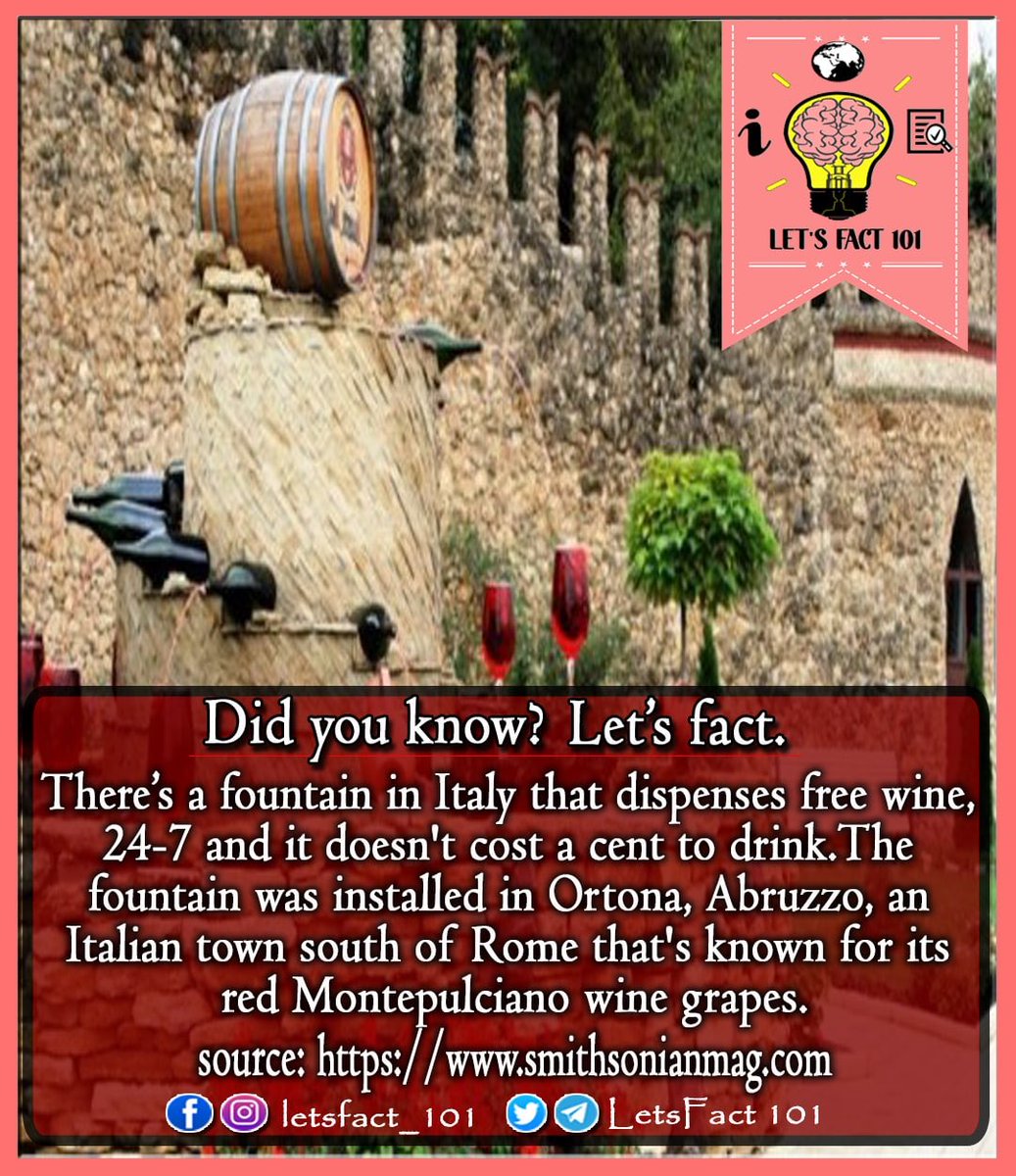 Letsfact101's tweet photo. #wine #freewine #free #italy #italia

#knowledge #knowledgeispower #knowledgeable #fact #facts #facts💯 #factoftheday #factblog #factblogger #funfacts #instagram #facebook #Trending https://t.co/YW7NWzY6eU