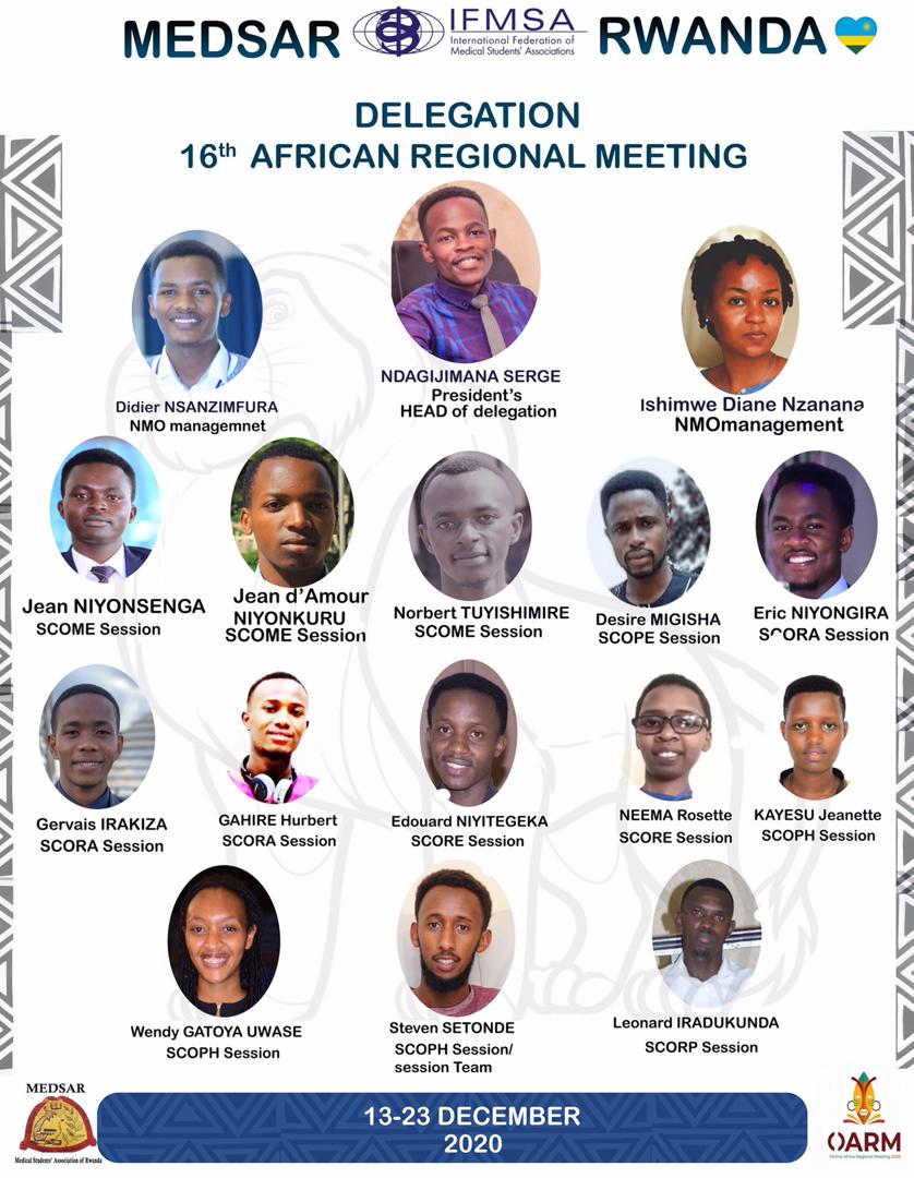 medsar_rwanda's tweet photo. Dear @IFMSA &amp; SIMBA Community!

We are glad to present  MEDSAR Delegation🇷🇼 to the 16th Online Africa Regional Meeting, Happy to be with u!
One Rwandan proverb goes like « A closed basket is one that causes curiosity, well, get engaged with them they are eager to meet y'all https://t.co/9aGSgBZJWR