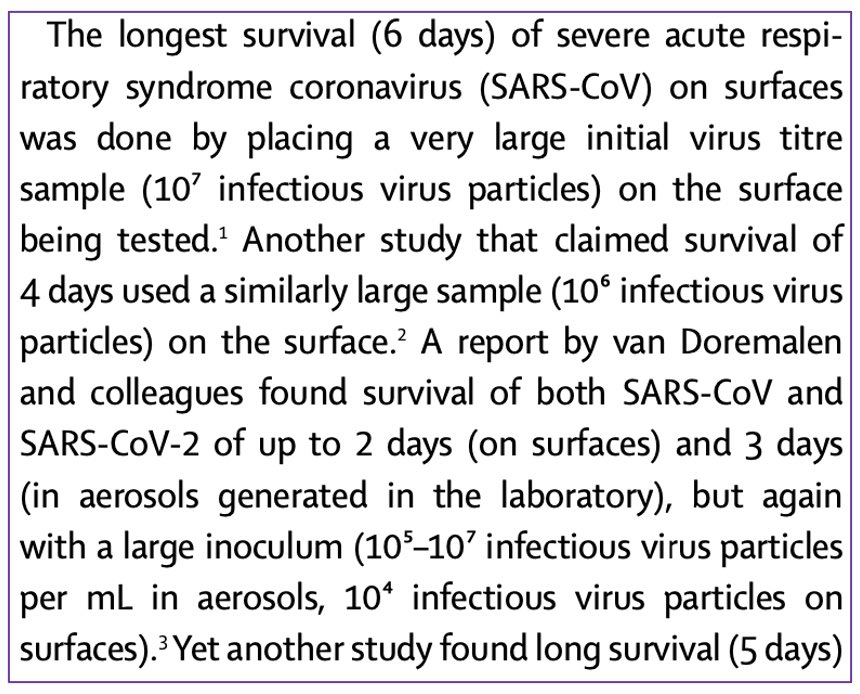The author of this review notes that the studies investigating COVID-19 fomite transmission used samples/aerosols that had up to 10 million (10^7 ) virus particles in them. Why is this important?  #COVID19  #Coronavirus  #lockdown  #pandemic  #science  #data  #Canada  #fomoye  #canpoli