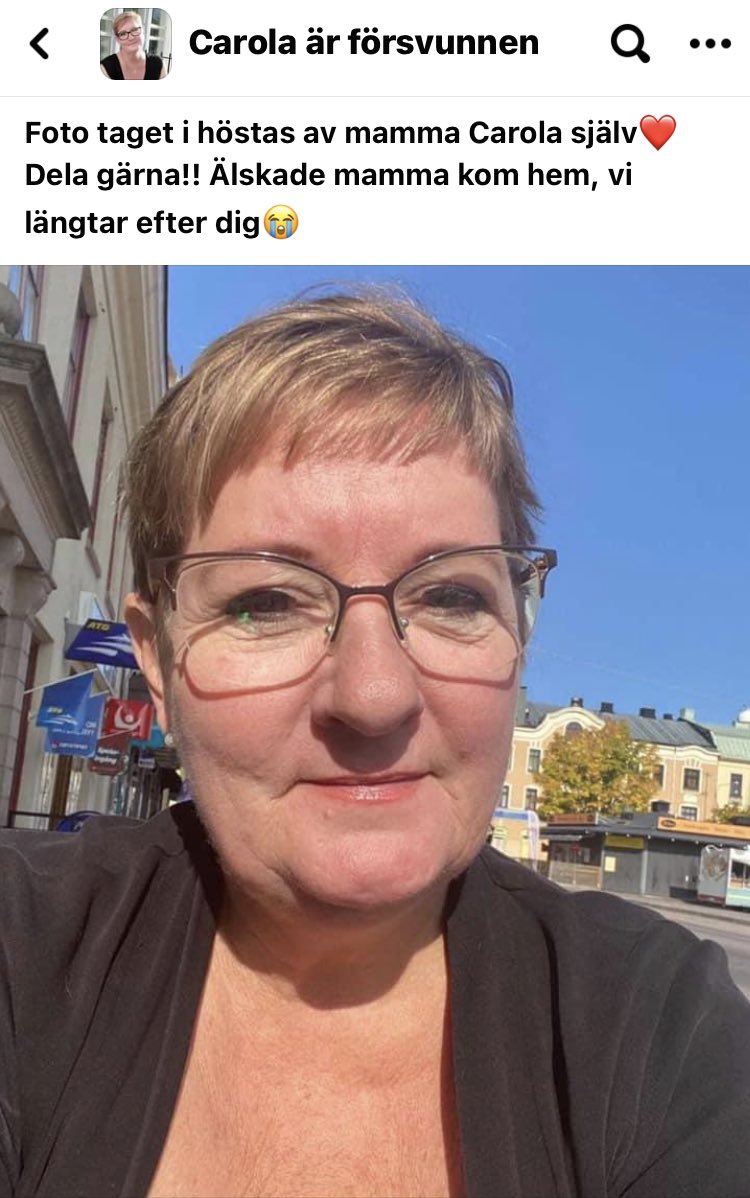 TessanMa's tweet photo. På lördag morgon försvann Carola från sitt hem i Kåge. Hennes bil återfanns 1 mil från hemmet fastkörd på en lägda. Ingen har sett henne sedan dess. 

Dela gärna då familjen vill att hennes bild sprids över landet. Ni som bor kring Skellefteå, hjälp till att leta 🙏❤️ https://t.co/Z6Pw2hMCH3