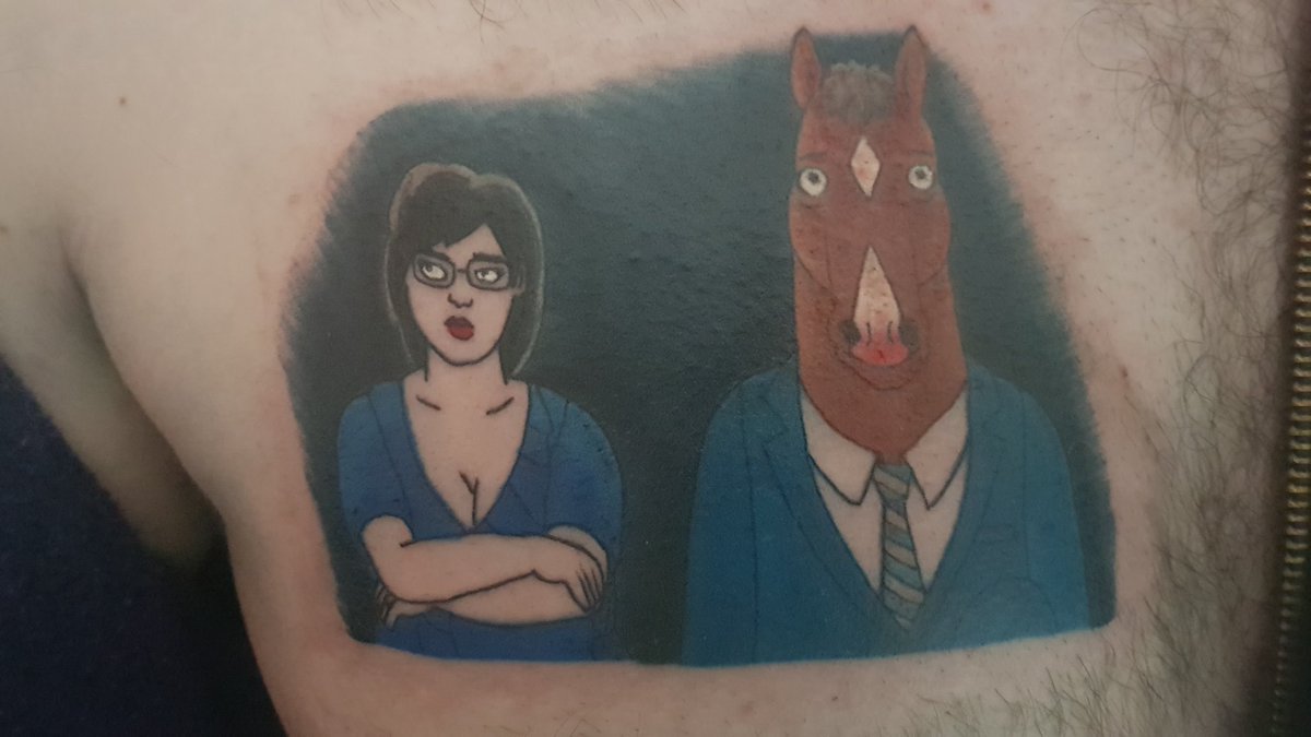 JoshFromEngland's tweet photo. @BoJackHorseman @arnettwill @alisonbrie finished bojack last week, absolutely love it. Got the last scene tattooed on my chest. https://t.co/HBbfsjzPPb