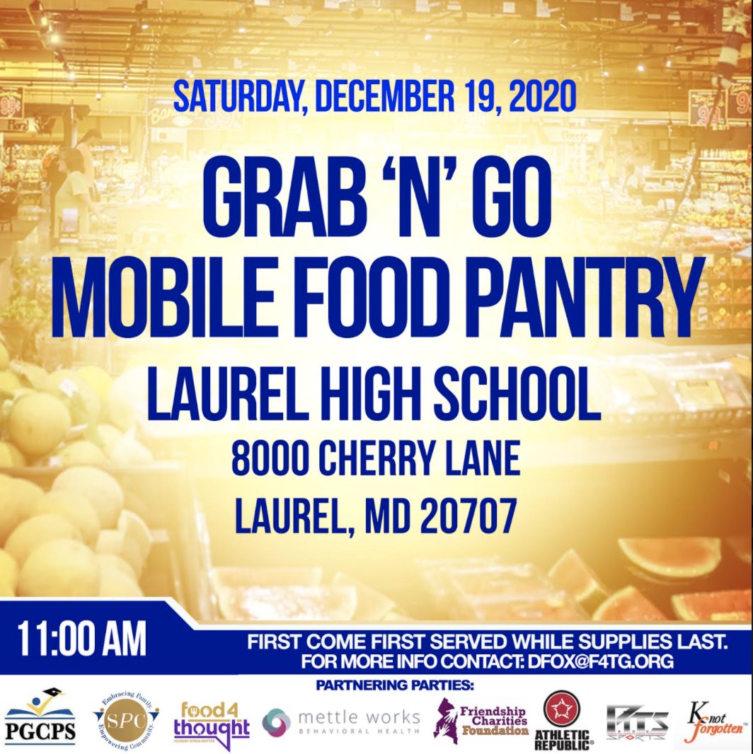 PGCPSPartners's tweet image. (Please RT) #PGCPSPartner #Food4Thought is hosting a #GrabAndGo to provide relief Saturday, Dec. 19 beginning at 11 a.m. at Laurel High School located at 8000 Cherry Lane Laurel, MD 20707.