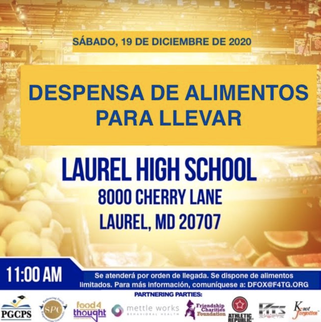 PGCPSPartners's tweet image. (Please RT) #PGCPSPartner #Food4Thought is hosting a #GrabAndGo to provide relief Saturday, Dec. 19 beginning at 11 a.m. at Laurel High School located at 8000 Cherry Lane Laurel, MD 20707.