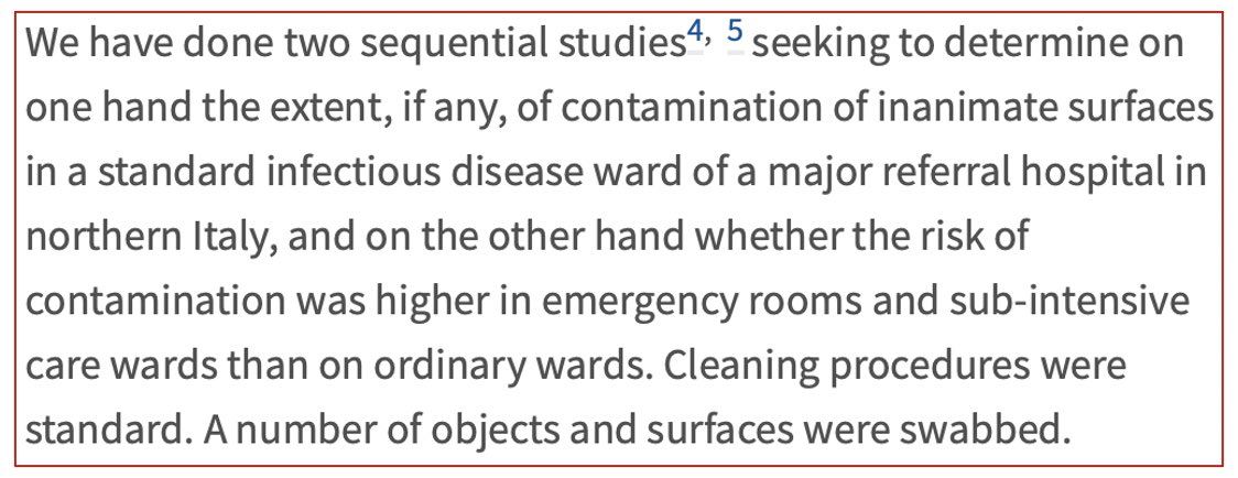 Here, the authors discussed studies that looked at COVID-19  #fomite  #transmission in infectious disease wards & emergency rooms in hospitals. Where could you find surfaces that would have more COVID-19 viral particles than in an infectious disease ward or an ER?  #COVID19