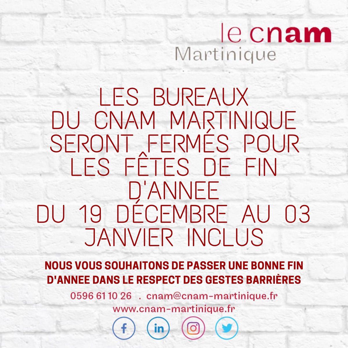 Bonnes fêtes de fin d’année dans le respect des gestes barrière #cnammartinique #04janvier #àtrèsbientôt