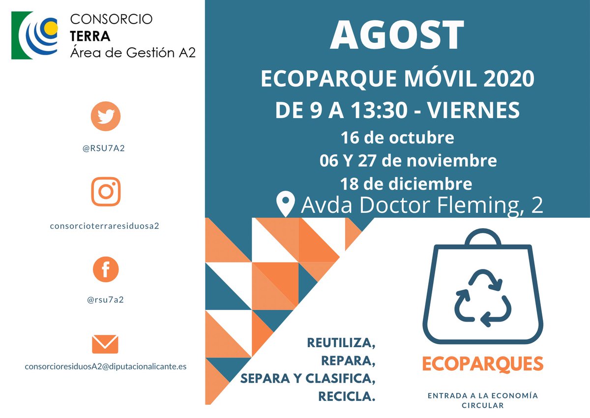 RSU7A2's tweet photo. Mañana el ecoparque móvil estará ubicado en Agost de 09:00 a 13:30 y no olvides que nos puedes traer ropa, juguetes, cargadores, radiografías, baterías, etc.
#residuosinvisibles #PactoVerdeEuropeo #EWWR2020 #agost #recicla #residuos #invisiblewaste #EconomíaCircular #Ecoparque https://t.co/pwrcaaGEQO