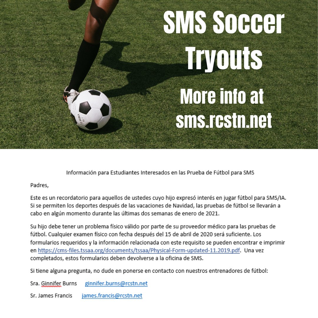 smsrobco's tweet photo. Information about SMS soccer tryouts and physicals can be found at https://t.co/PKDjlfLAJr https://t.co/fiJWCrwTaU