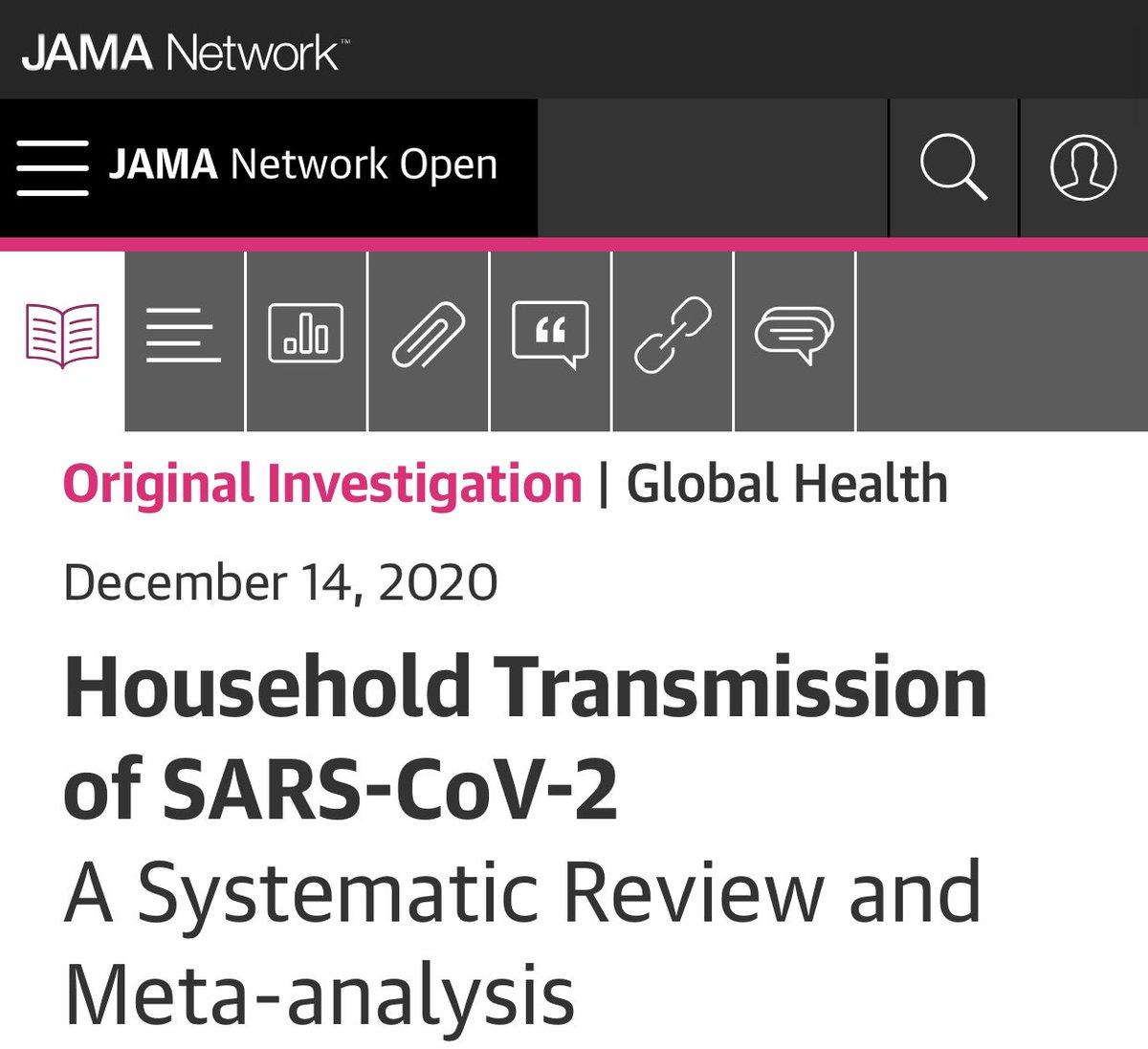 This research paper was a meta-analysis that analyzed 54 published studies encompassing 77,758 people. The objective was to estimate COVID-19 transmission at home, when one member of the house is sick with the rona (symptoms+positive test) #COVID19  #Coronavirus  #Canada
