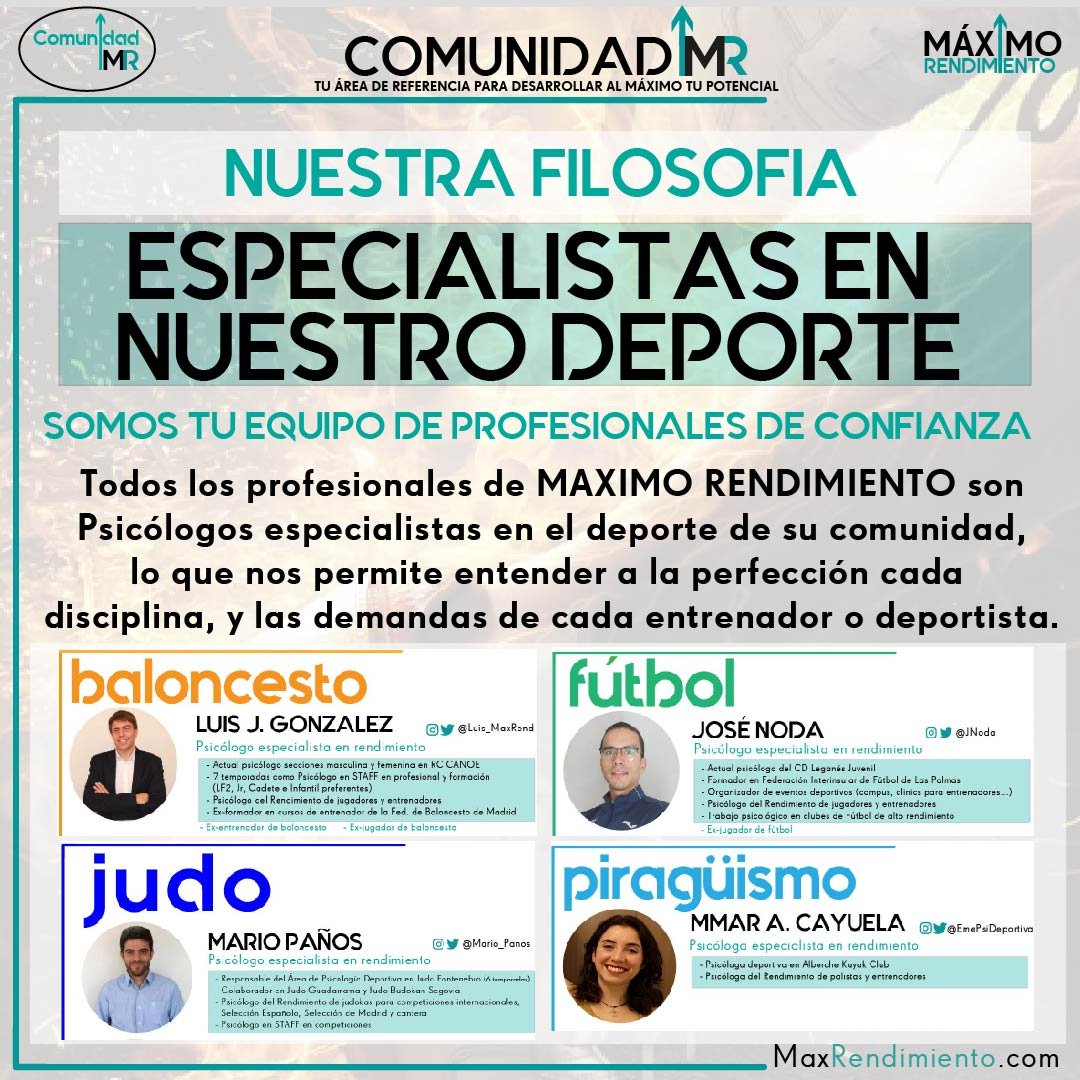 En la #ComunidadMR contarás con ESPECIALISTAS en tu deporte: #judo #piragüismo #baloncesto #futbol

Psicólogos deportivos con experiencia que entenderán lo que necesitas para asesorarte y ayudarte a sacar tu mejor versión como #entrenador o #deportista