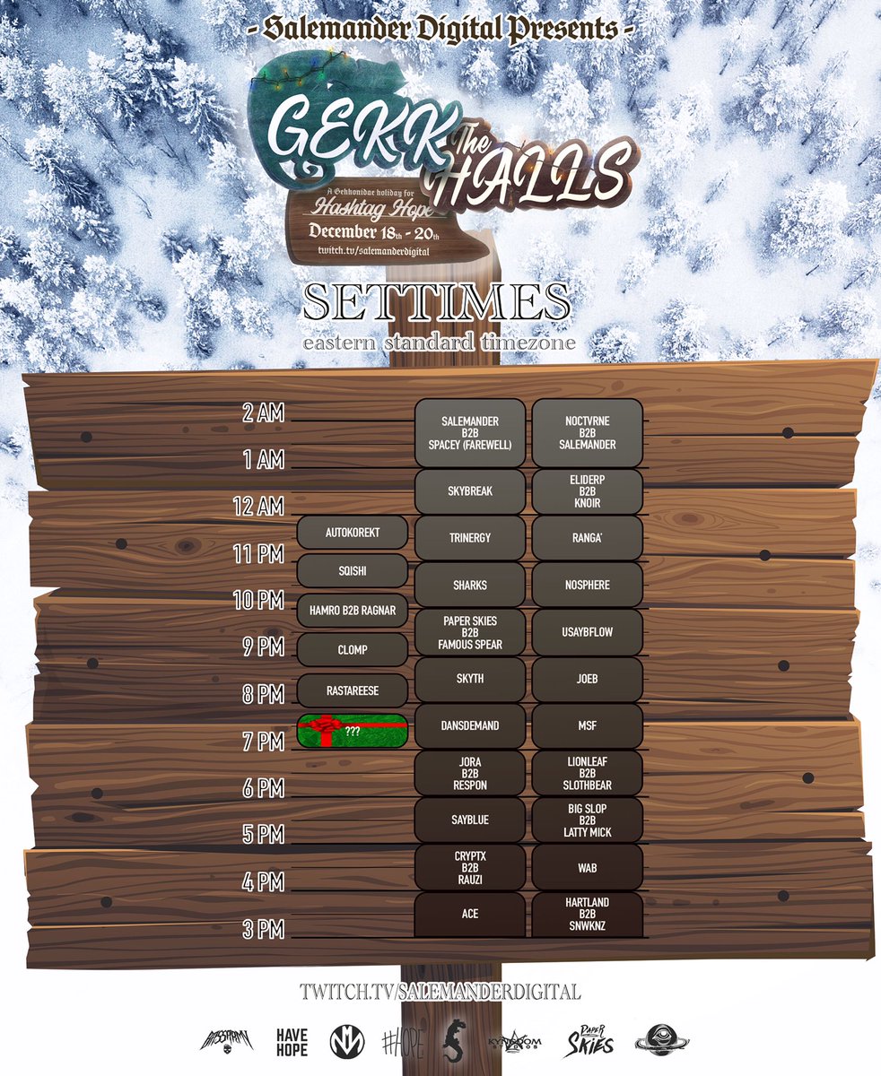 ❄️🕰SETTIMES⏳🥶
We’re so excited to unvail all our hard work to you all starting tomorrow night with <a href="/BassPlanetMedia/">Bass Planet Records</a> and their takeover! Peek the times below all in EST and plan your weekend to experience and support local bass and our shared mission for suicide prevention!💙🦎