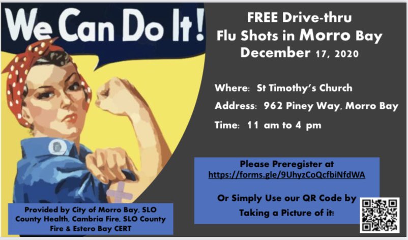 MorroBayFire's tweet photo. We have inoculated many people today and we have plenty more to give. Receiving a flu shot today will help you and family remain healthy during these winter months. We are here at St Timothy’s Church until 4 pm. We hope to see you. 

You can preregister on link &amp; QR code below https://t.co/AkujQlKXzG