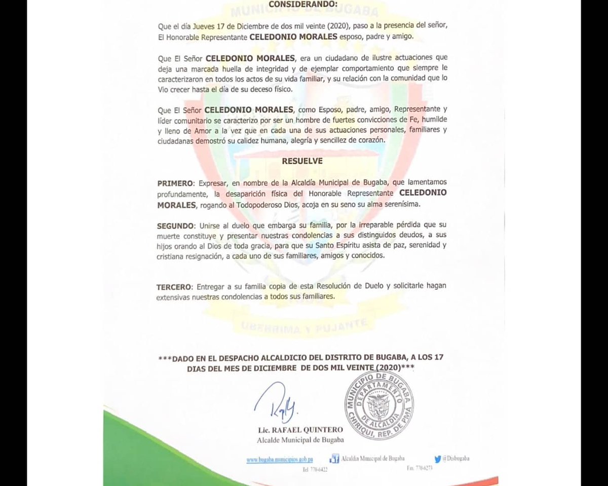 Hoy a partido un compañero, el HR CELEDONIO MORALES, del corregimiento de Santo Domingo, , CONCEJAL De nuestro Distrito, víctima del covid-19.
La familia del MUNICIPIO de BUGABA esta luto.
Dios lo tenga en la gloria, paz a su alma. <a href="/alcaldiabugaba/">Alcaldía Bugaba</a> <a href="/AmupaOficial/">Asociación de Municipios de Panamá</a> <a href="/gobdechiriqui/">Gobernación de Chiriquí</a>