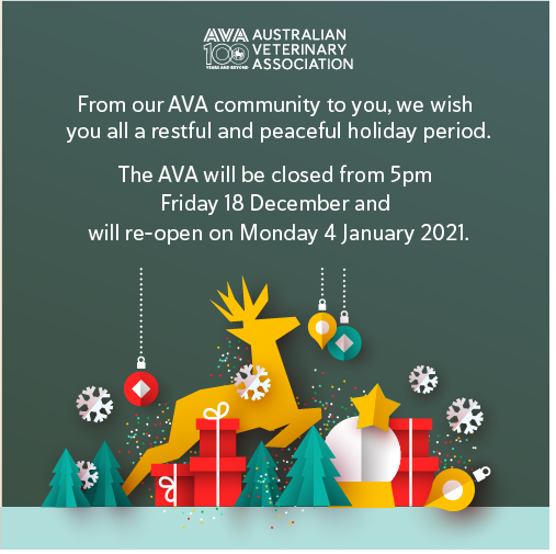 AustVetAssoc's tweet photo. We hope you have a safe holiday season! We look forward to a brighter new year in 2021 for all as we celebrate the AVA’s Centenary with you – our valued veterinary community. 

Emergency help:  https://t.co/Ul38okaJZx
Resources during a natural disaster: https://t.co/FawhUgwbTo https://t.co/Epg23ErncO