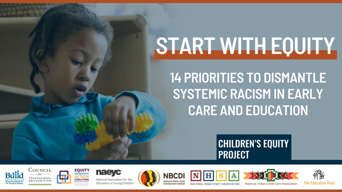 NatlHeadStart's tweet image. We must work to create better, more just systems and to dismantle long-standing racist policies and practices, so that all children can reach their full potential. NHSA is proud to partner w/ @ChildrensEquity to prioritize equity in pre-k: bit.ly/14Priorities #StartWithEquity