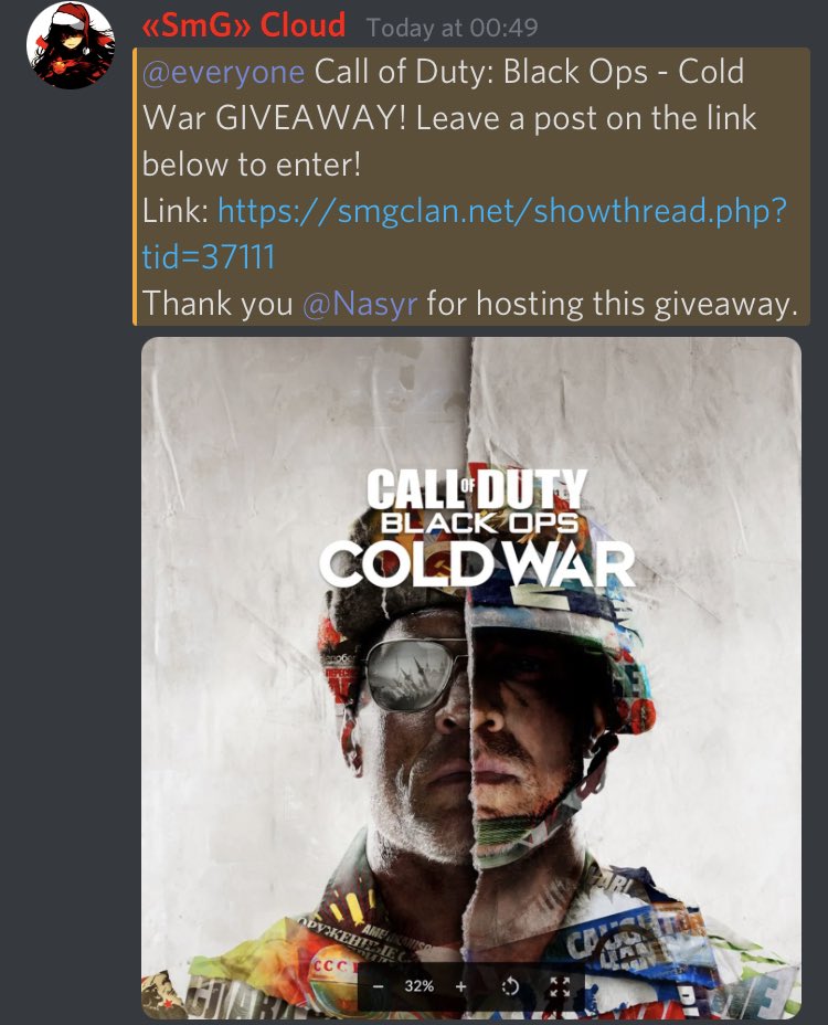 SmGClan's tweet photo. CALL OF DUTY: BLACK OPS - COLD WAR GIVEAWAY! 
Come check out our forums ASAP before it ends! 

#Giveaways #f #follow #gaming #gamingcommunity #discord #gamer #gamergirl #CallofDuty #CallOfDutyBlackOpsColdWar #ColdWar https://t.co/uZkdyNKiYP
