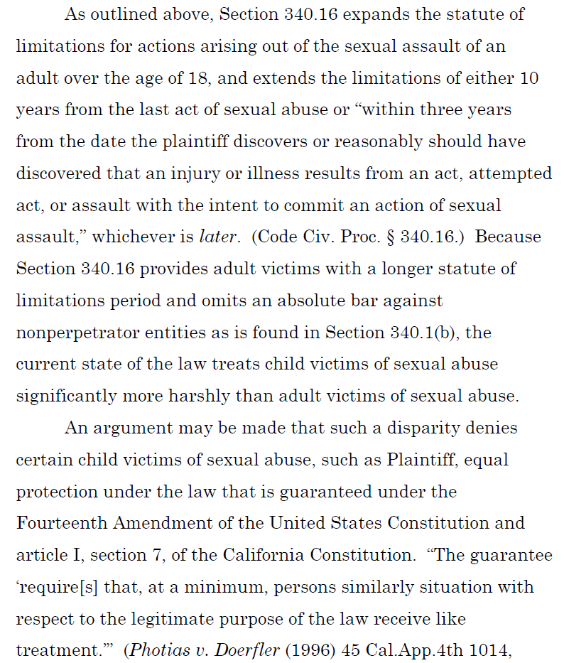 In Feb. 2019, Finaldi proposed an "if all else fails" effort to argue about a new code that extended statutes for ADULT victims of sexual abuse. This wasn't applicable to Wade/James but he sought to argue on it.Lucky for them, AB 218 came along & saved it at the 11th hour.