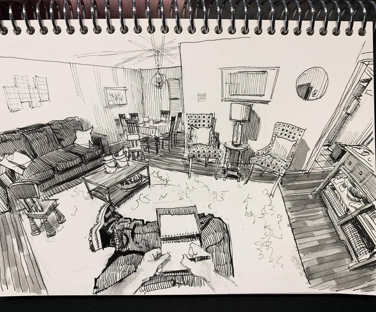 3 sketches of our Airbnb living room, San Antonio, TX. October.