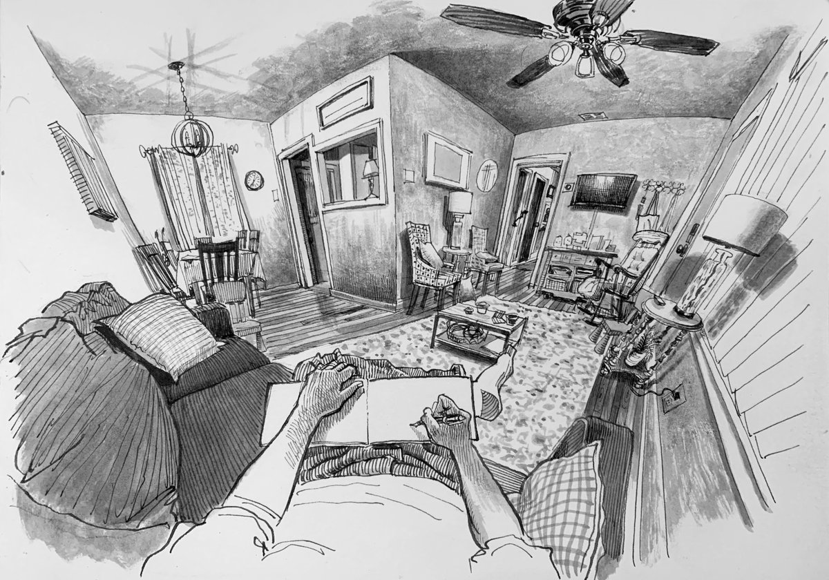 3 sketches of our Airbnb living room, San Antonio, TX. October.