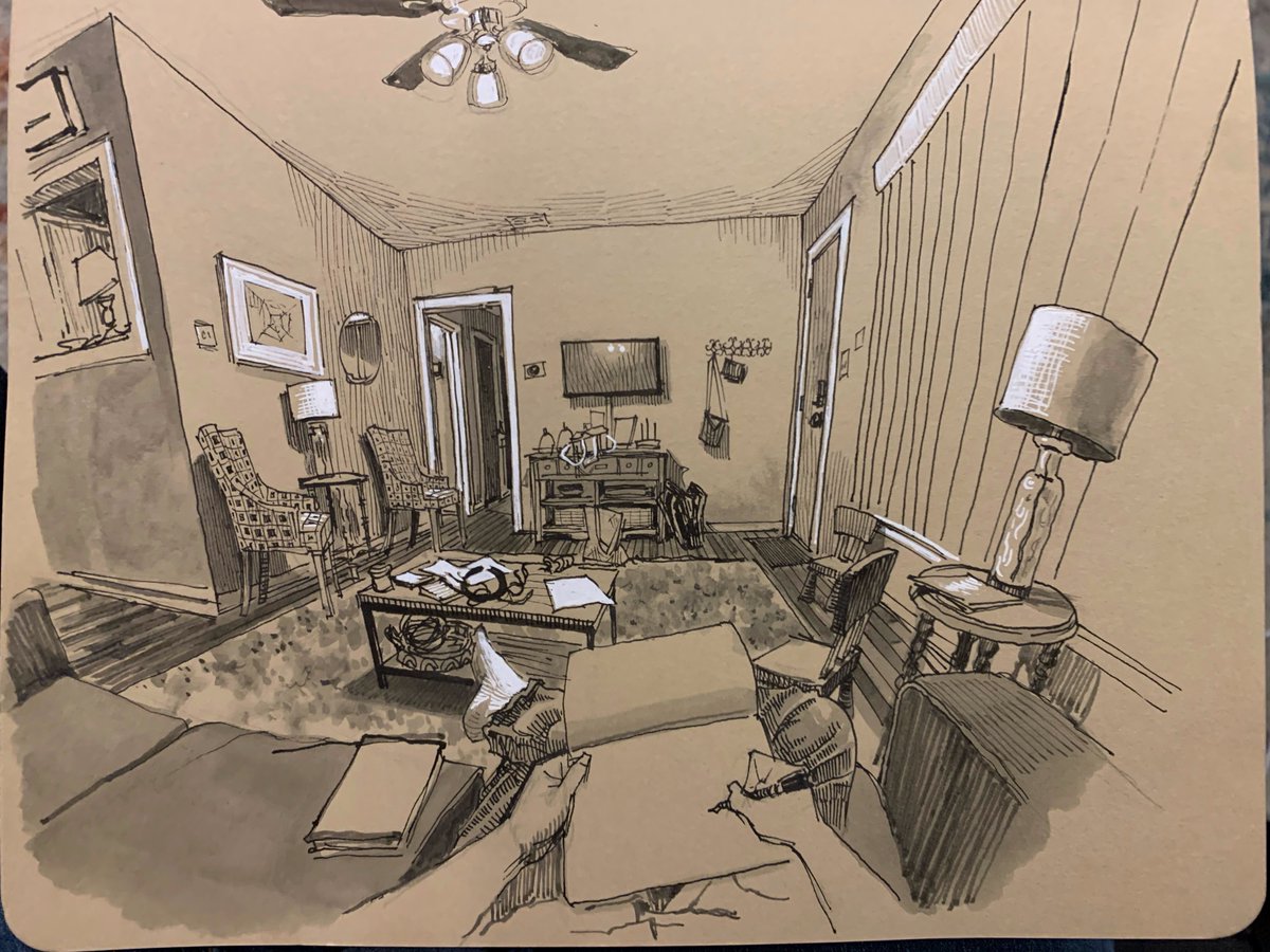 3 sketches of our Airbnb living room, San Antonio, TX. October.