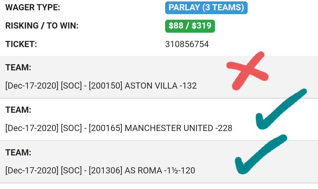 Sharp_Stacks's tweet image. Off by one again. Just needed that one goal from #AstonVilla. #gamblingtwitter #picks #bets #parlays #losers #ManUtd #asroma #soccerpicks #football #Futbol #footy