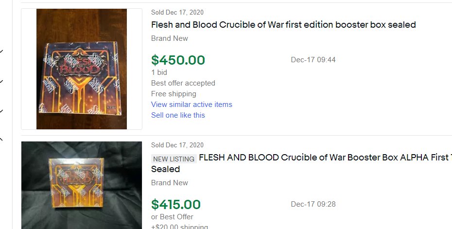 MTG_BAN's tweet photo. Just saying that our members bought Flesh and Blood boxes in for $ 65.00 when we told them it's a slam dunk weeks ago. Yes, that are sold listings on Ebay for those same boxes TODAY. Beats buying Russian foils any day. You almost get paid for being with us. #MTGBAN #TCGFINANCE https://t.co/4zU1aSxbVy