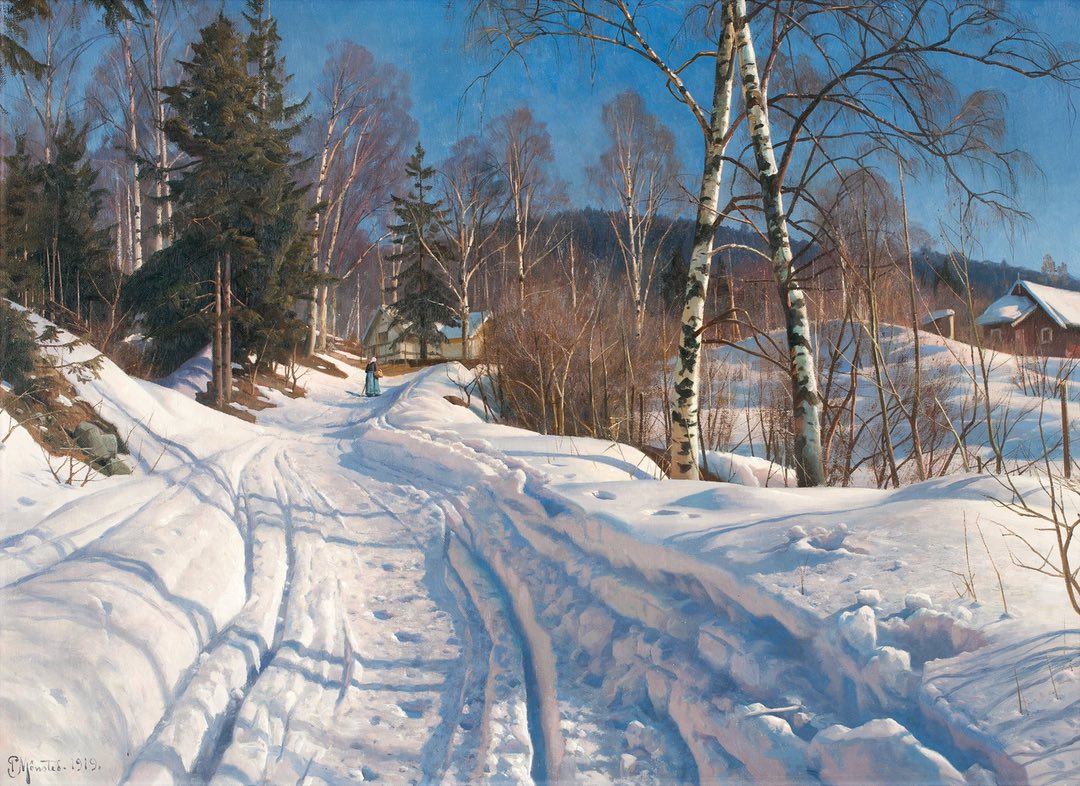 CharleyParkerLC's tweet photo. Eye Candy for Today: Peder Mønsted’s Sunlit Winter Landscape. For link to large image &amp; more info see my Lines and Colors post: https://t.co/fPsroH6Hbi #art #painting #landscapepainting #monsted #pedermonsted #pedermorkmonsted #snowpainting #danishpainting #19thcenturypainting https://t.co/QbeUy9GfLR