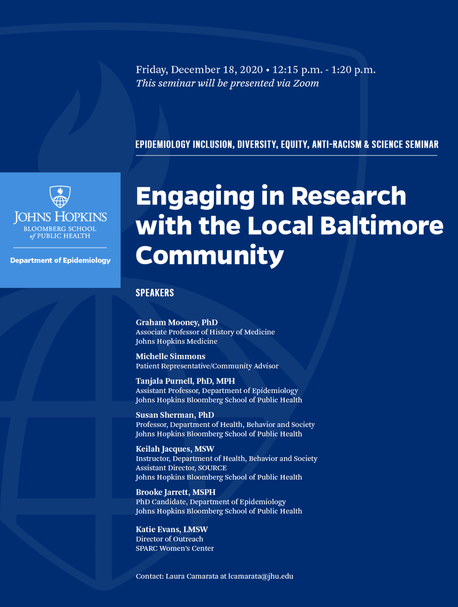 JohnsHopkinsEPI's tweet photo. Excited to host this dynamic speaker lineup for today's #EpiIDEAS seminar about engaging in research with the local Baltimore community! https://t.co/LfcGPiPuT5