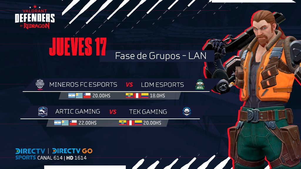 🤘 ¿Jueves? ¡Acción de #ValorantDefenders!

➞ <a href="/MinerosEsports/">Mineros Esports</a> - <a href="/LDMEsports/">LDM ESPORTS</a> 
➞ @ArcticGamingES - @TekGamingg

Súmate desde las 20hs 🇦🇷🇨🇱🇺🇾 - 18hs 🇨🇴🇪🇨🇵🇪 por @DIRECTVGO ➡️ link.dtvla.com/201b3381, en nuestro canal de Twitch link.dtvla.com/7de93d y los C614/1614HD.