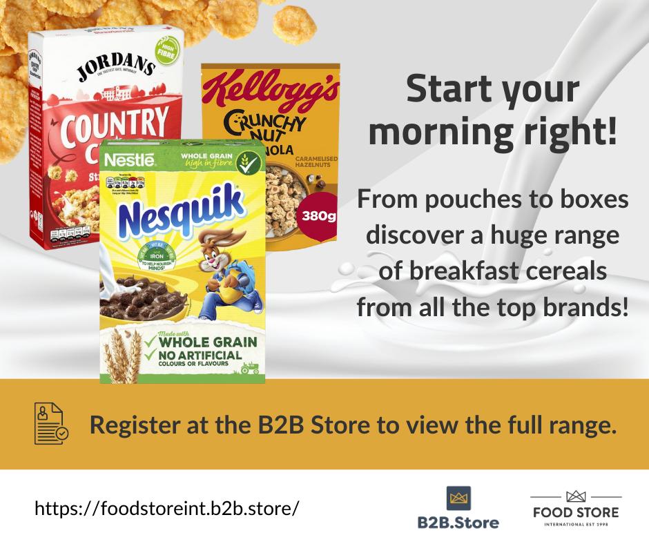 FoodStore_Int's tweet image. 🥣 Offer all of the most popular branded cereals to your customers! From Jordans, Nestle and Kelloggs, register at foodstoreint.b2b.store for pallet sizes and pricing.