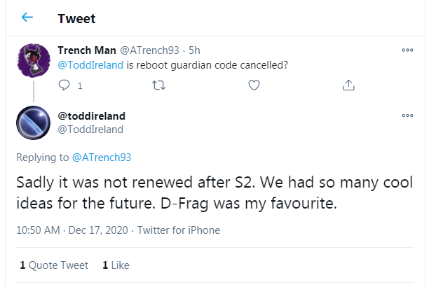 GlitchBob452's tweet photo. Well there it is. ReBoot: The Guardian Code was not renewed (and never will be). We knew it was dead!💀 Disregard Todd's "S2" bit as it NEVER had a second season (Netflix split the ONE & only season in half). #ReBootTheGuardianCode #ReBootTGC #Cancelled
https://t.co/1p4K4jlRBu https://t.co/Bcb8uaAESZ