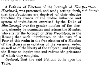 Interesting: a decade after the Reform Act, a petition from Woodstock complaining that the Duke of Marlborough still had undue influence over the seat. Wonder how common petitions like this were?