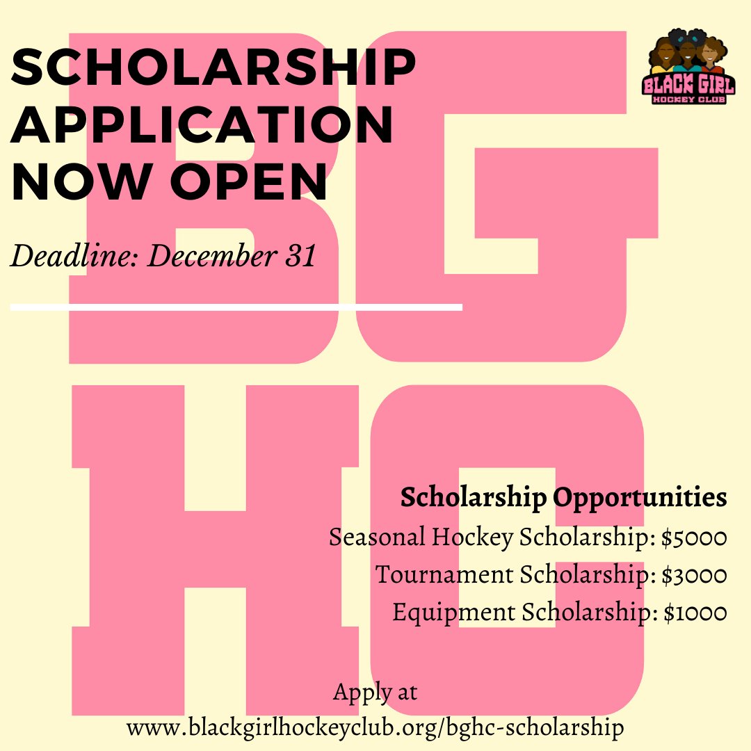 #BGHC Winter Scholarship Application deadline is Dec 31, and right now we only have a single application. We wanna give away more $$ so we need more apps!! Please RT and tag your favorite team/media person/player 💃🏾🏒❤️