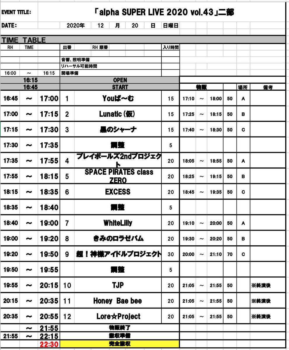 2020年12月20日(日)

■タイトル　『alpha SUPER LIVE 2020 vol.43』

■会場　 赤羽ReNY alpha(東京都北区赤羽1丁目7-9 赤羽第一葉山ビルB2)

■販売　
前方：eplus.jp/sf/detail/3357…

通常：eplus.jp/sf/detail/3357…

■出番
20:35-20:55

■物販
21:05-21:55
