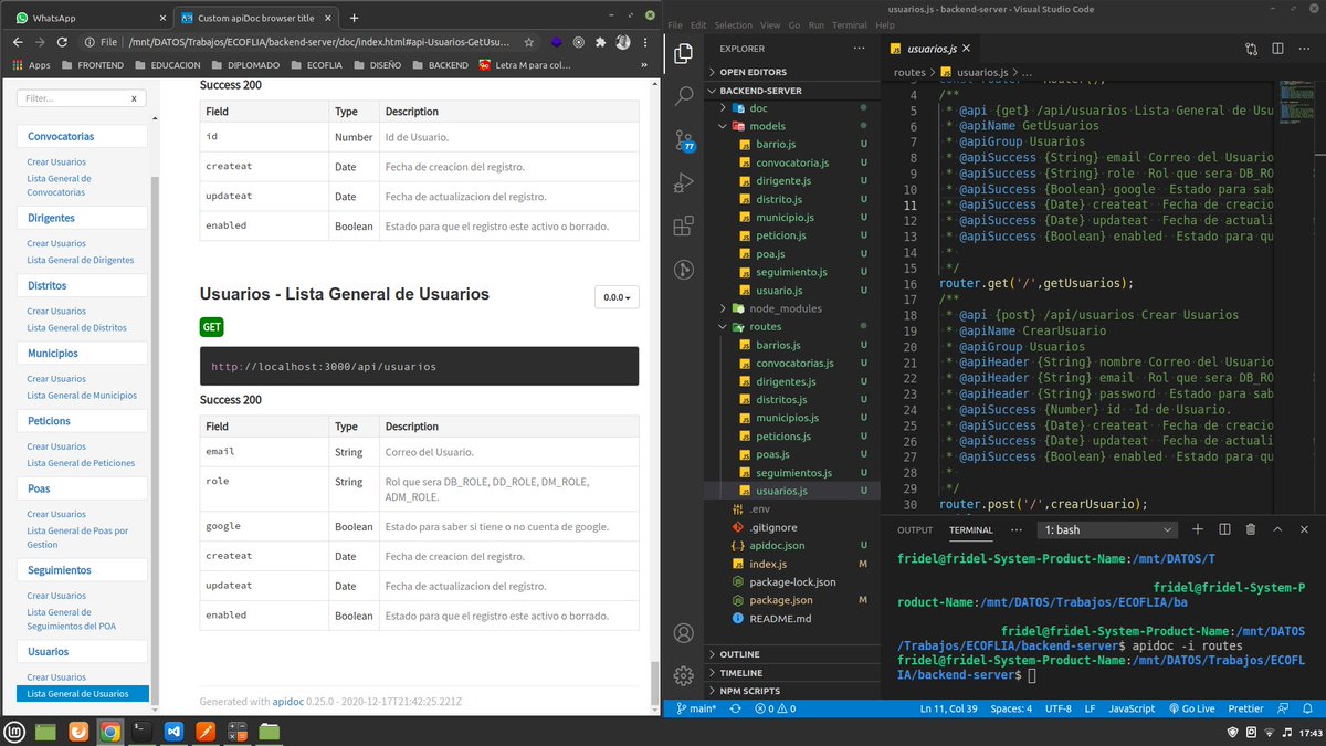 frideldev's tweet image. Comenzando un proyecto #social , me vi en la necesidad de documentar el codigo de inicio encontre un instancia #apidoc , creando las rutas, modelos y controladores en @nodejs , probando en Postman, muy emocionante @UndefinedDevs