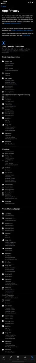 A really really long list of privacy-sensitive info that the Facebook app collects on users, taken from the App Store.
