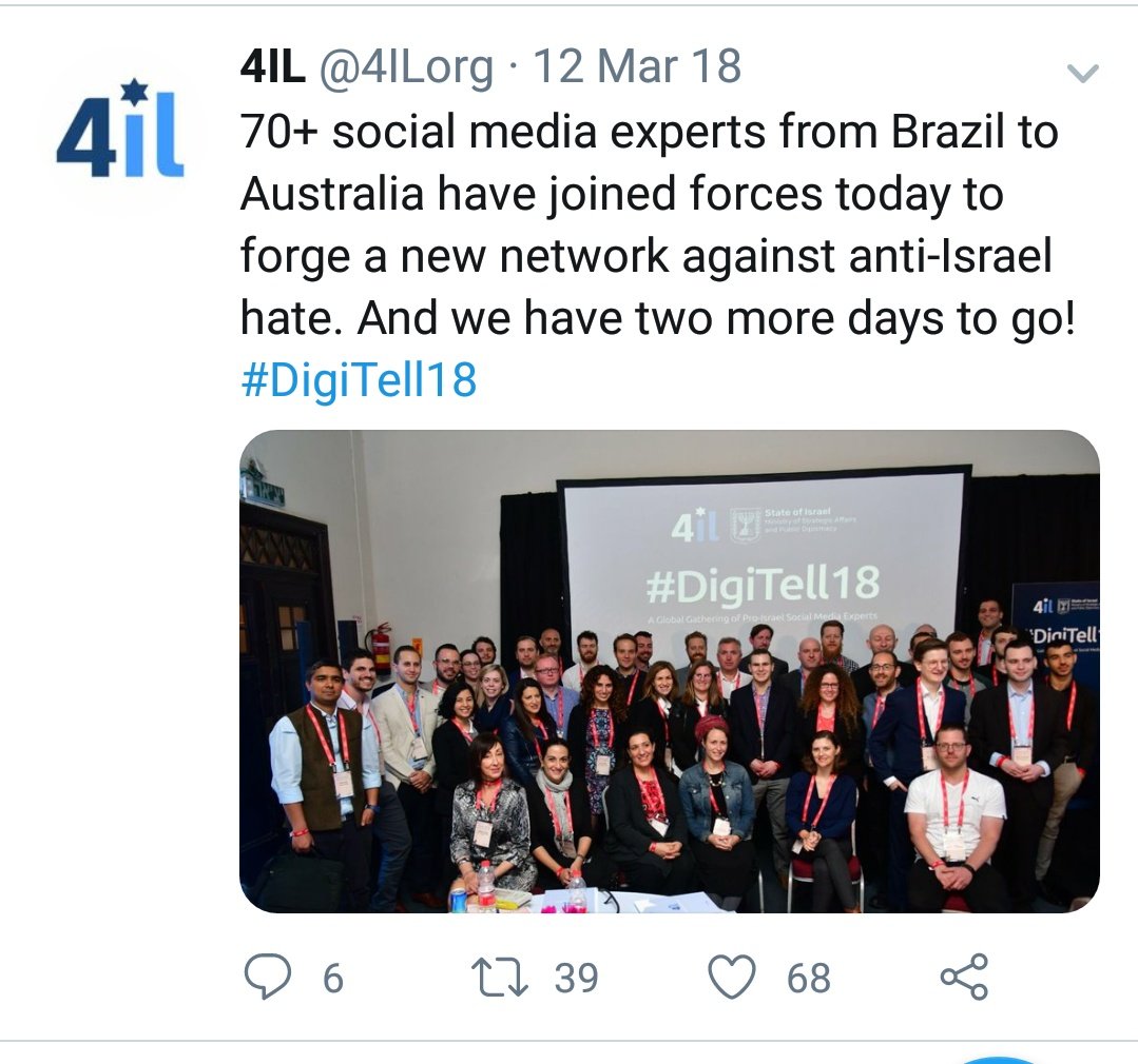 But maybe Cobbs was paid for something else?In March 2018 he travelled to Israel, "representing"  @SussexFriends to take part in 'DigiTell' - a 3 day meeting of pro-Israel propagandists organised by the Israeli govt's Ministry of Strategic Affairs.He went again in 2019 . . . 