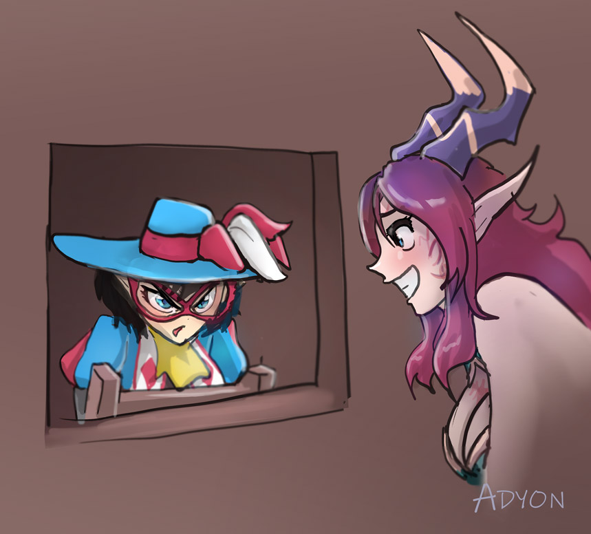 Adyon's tweet image. Last night's D&amp;amp;D "Steel and Silence" stream sketches by @GloriousArcadum - featuring @zentreya experiencing  @MomoMischief's lack of personal space and @Bunny_GIF having her bedroom activities interrupted by @_Silvervale_