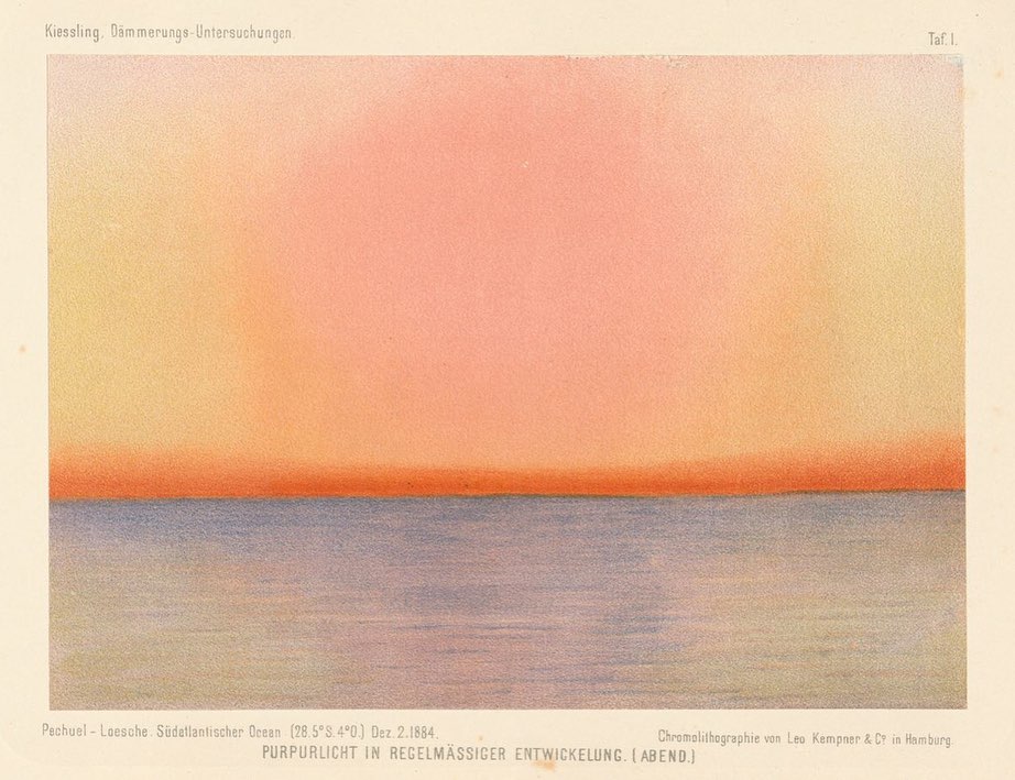 PublicDomainRev's tweet image. Beautiful series of images by Eduard Pechuël-Loesche from an 1888 book on the strange skies produced the world-over after the 1883 eruption of Krakatoa: publicdomainreview.org/collection/stu…