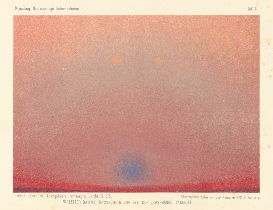 PublicDomainRev's tweet image. Beautiful series of images by Eduard Pechuël-Loesche from an 1888 book on the strange skies produced the world-over after the 1883 eruption of Krakatoa: publicdomainreview.org/collection/stu…