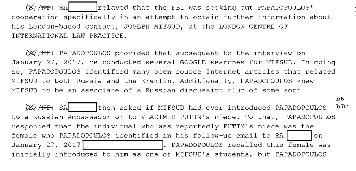 29/ 302 for Feb 1 interview is in Vault Volume 4, p74. Curtis Heide was SA. Papadop did internet search on Mifsud and Russia, further feeding FBI fantasies. Papadop said that Mifsud introduced Olga as a student and it was Nagi Idris who "grumbled" that she was "Putin's niece".